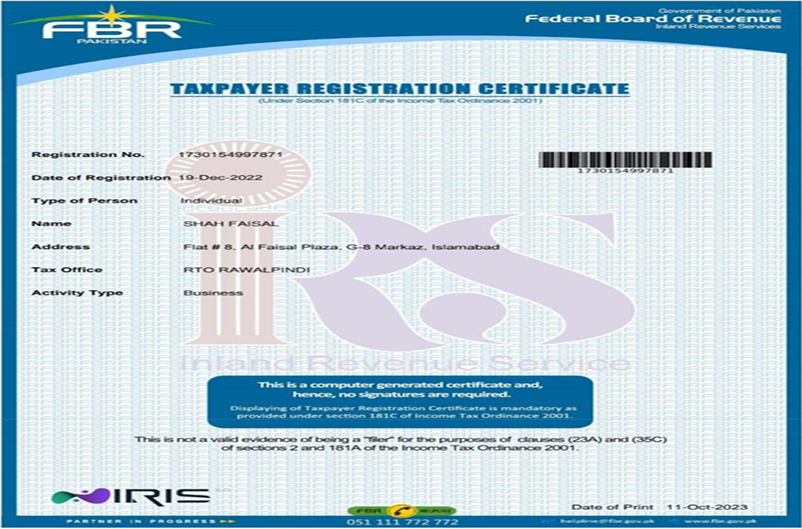 FBR Taxpayer Registration Certificate issued to Islamabad Elevators