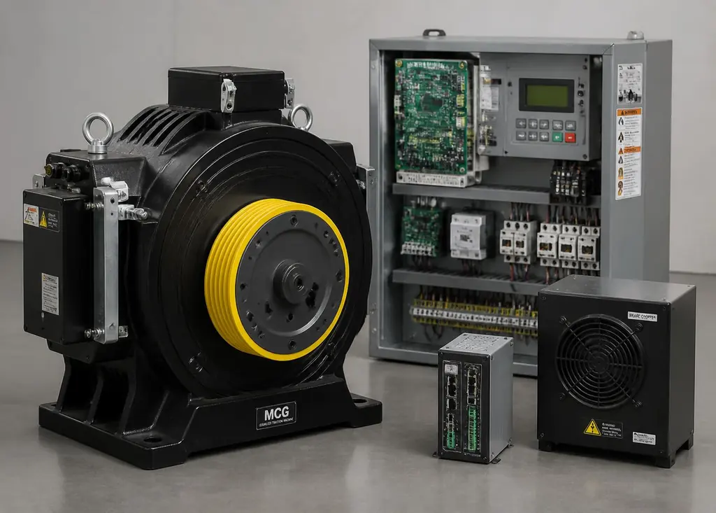 Gearless traction machine and elevator controller components