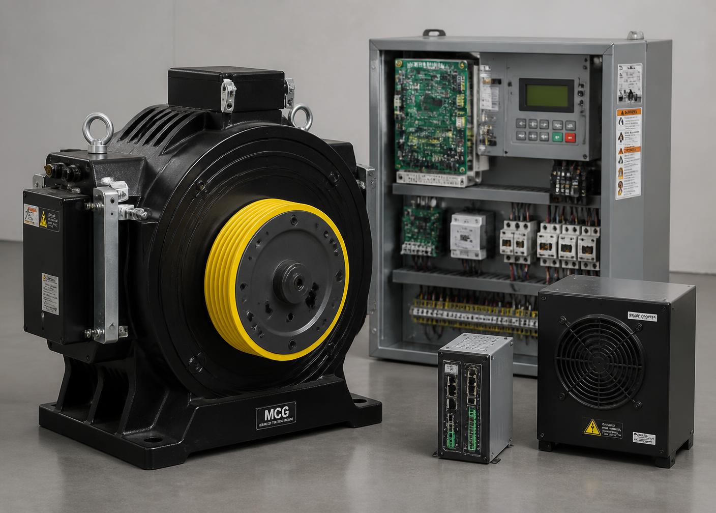 Gearless traction machine and elevator controller components