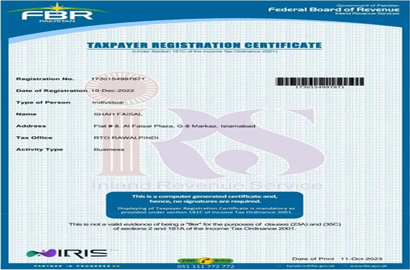 FBR Taxpayer Registration Certificate issued to Islamabad Elevators