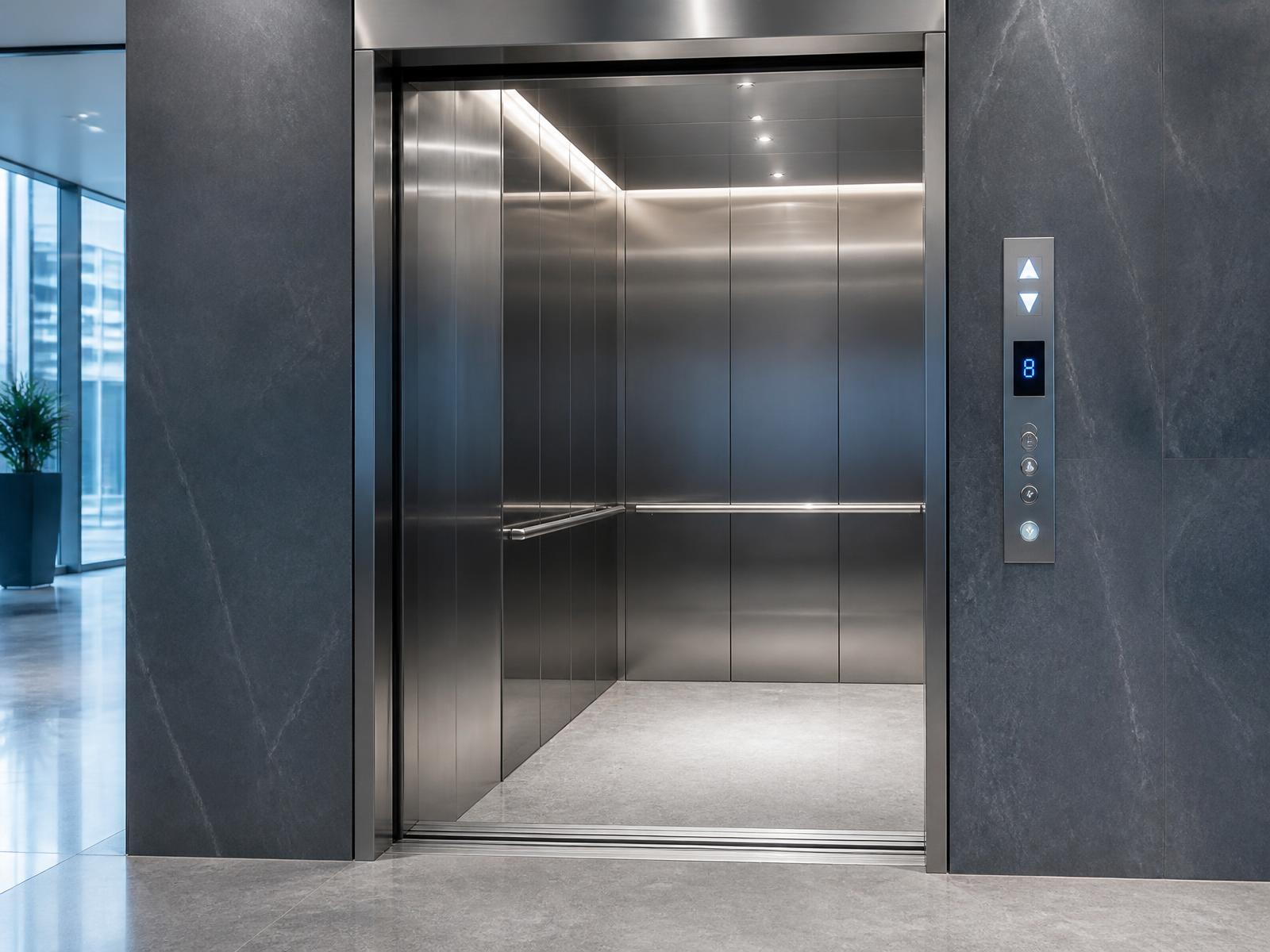 Modern stainless steel passenger elevator in a commercial building lobby