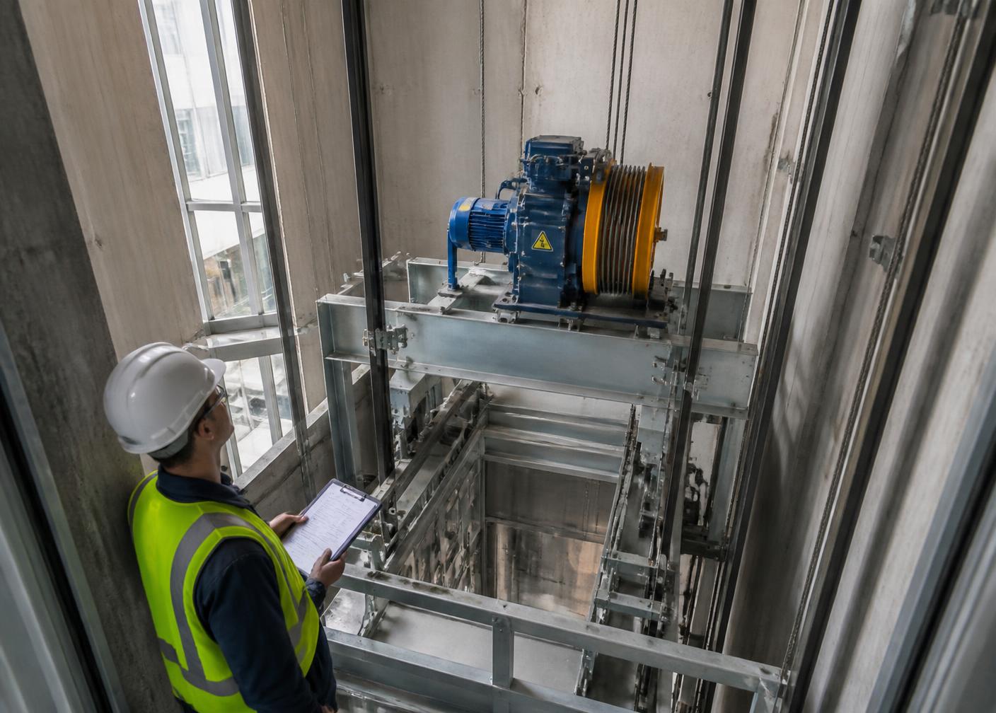 Engineer inspecting an elevator traction machine during installation