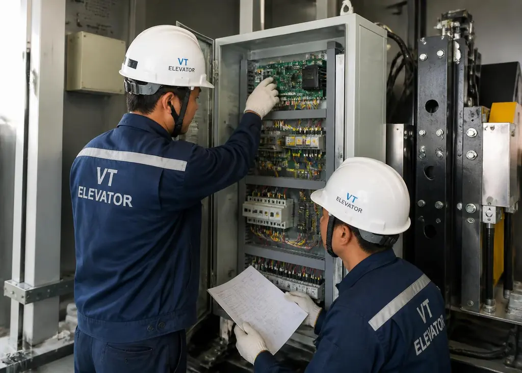 Maintenance technicians servicing elevator control equipment