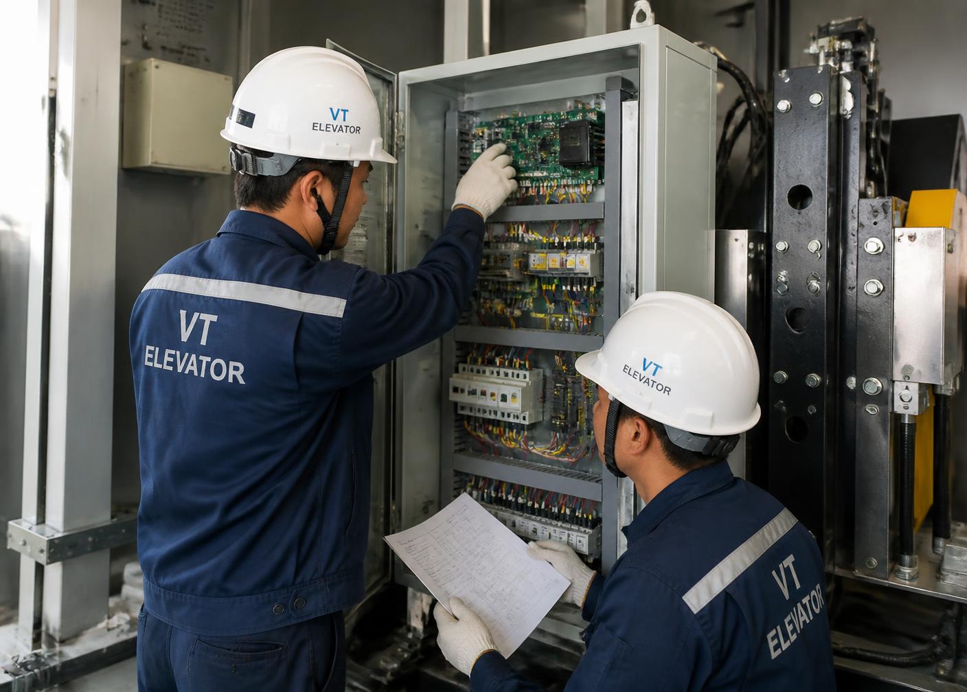Elevator technicians inspecting an elevator control panel